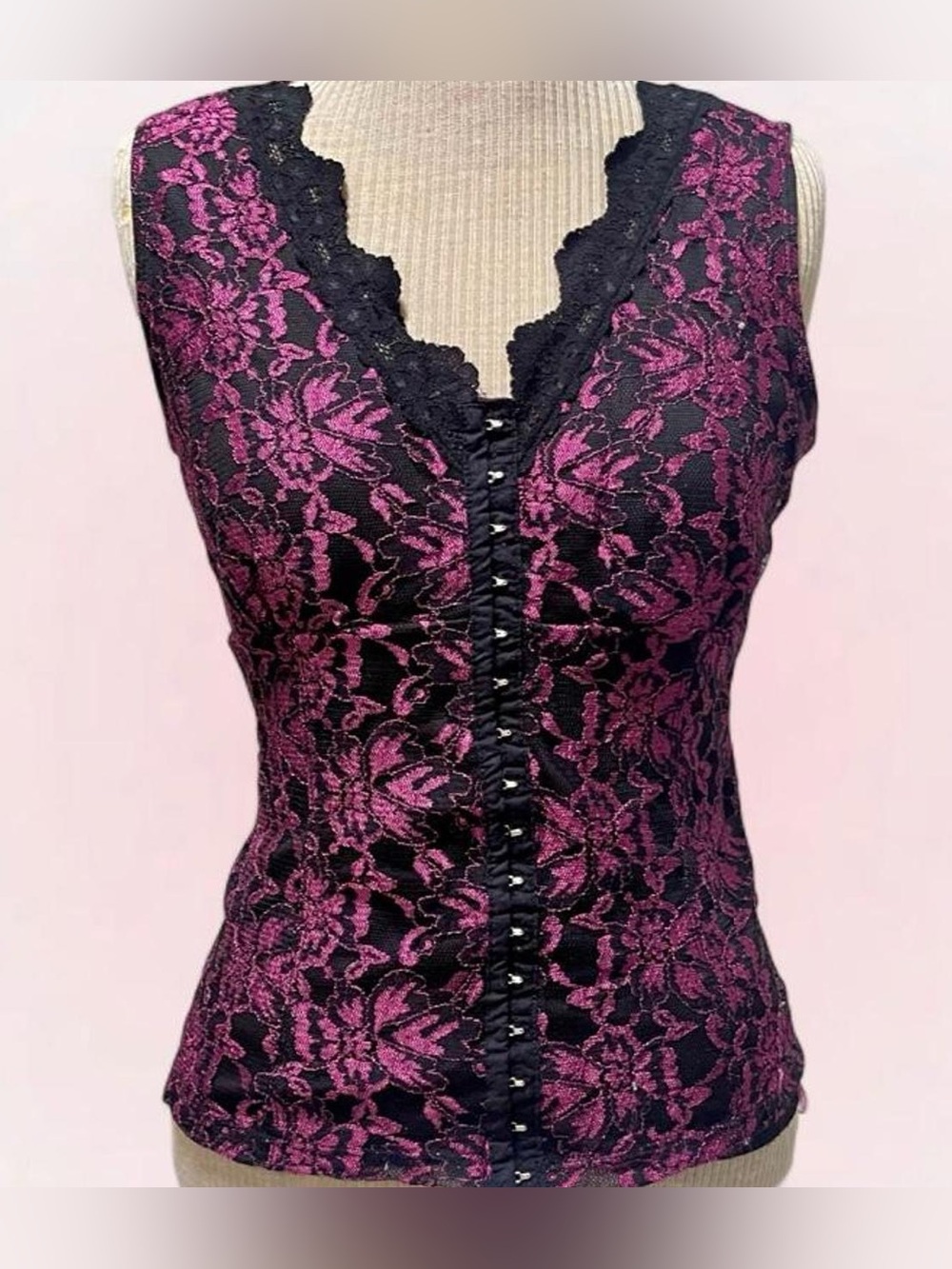 Fashion Bug Y2K black & pink lace corset cami top